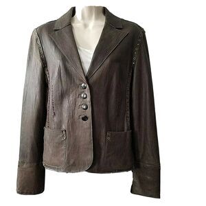 Rizal Womens  Leather Jacket brown collar button down pockets sz 2-4 S